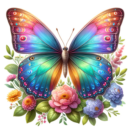 A colorful fabric panel featuring a butterfly with its wings open, surrounded by flowers.