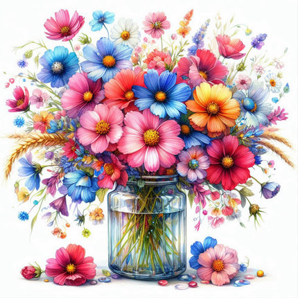 A colorful digital print of various flowers with green leaves, fillling the frame, arranged in and around a clear glass vase.