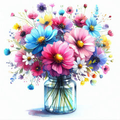 A colorful digital print of flowers in various colors filled a glass jar quilt panel