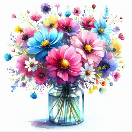 A colorful digital print of flowers in various colors filled a glass jar quilt panel