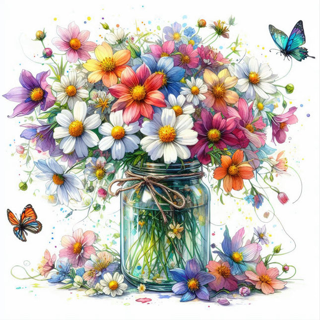 A colorful digital print of various flowers with butterflies, arranged in and around a jar