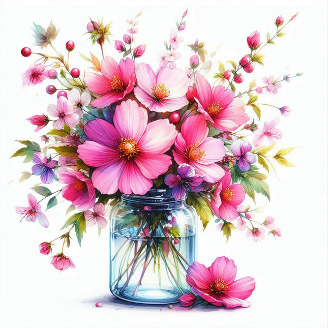 A digitally printed 100% cotton fabric panel featuring a jar with pink and purple flowers 