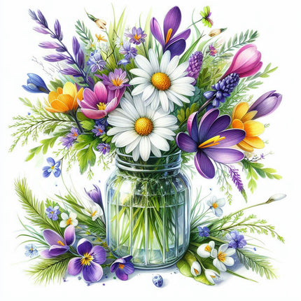 A colorful digital print of a jar filled with various flowers