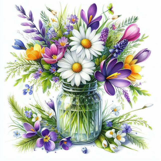 A colorful digital print of a jar filled with various flowers