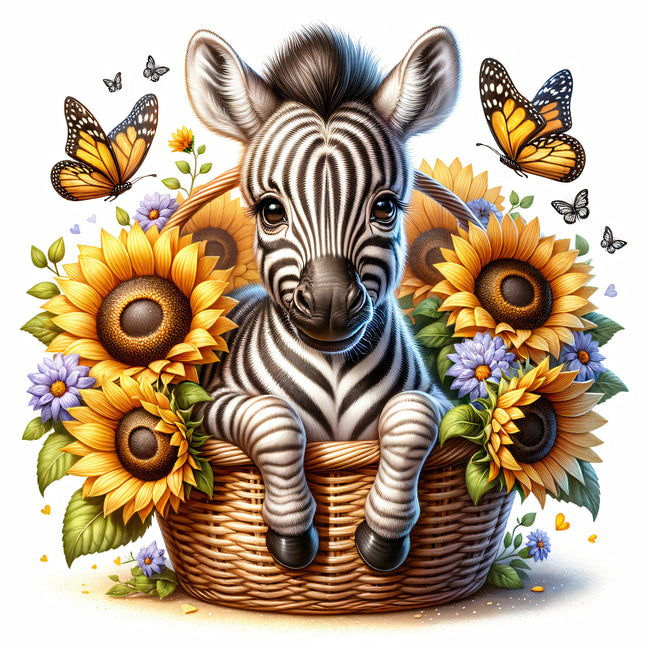 A fabric panel featuring a basket with a baby zebra, sunflowers, and butterflies.
