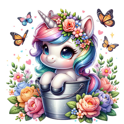 A digitally printed 100% cotton fabric panel featuring a cute unicorn with a rainbow mane and a floral crown, sitting in a bucket with more flowers and butterflies around it.