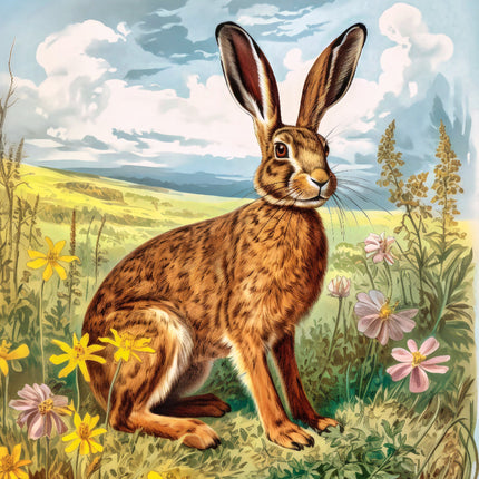 A digitally printed 100% cotton fabric panel featuring a brown hare rabbit sitting in a field with flowers.