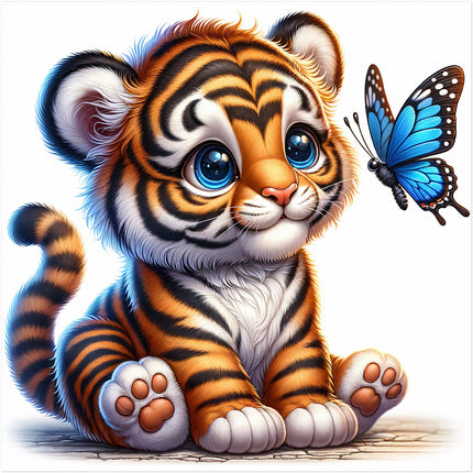A digitally printed fabric panel featuring a cute tiger cub with a blue butterfly