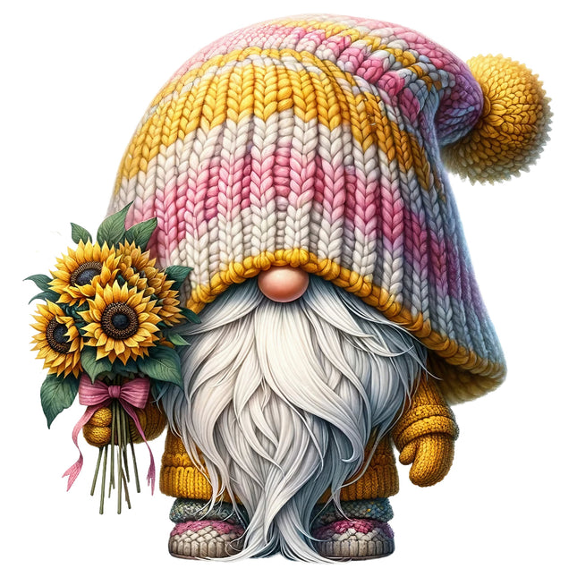 A digital illustration of a gnome with a colorful striped hat, holding a bouquet of sunflowers, designed for use in quilting and sewing projects.