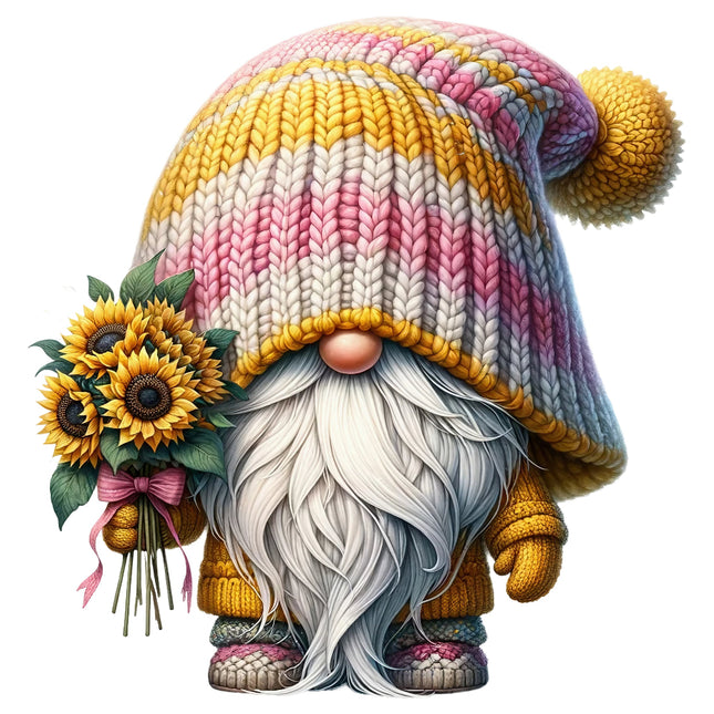 gnome with a colorful striped hat, holding a sunflower fabric panel