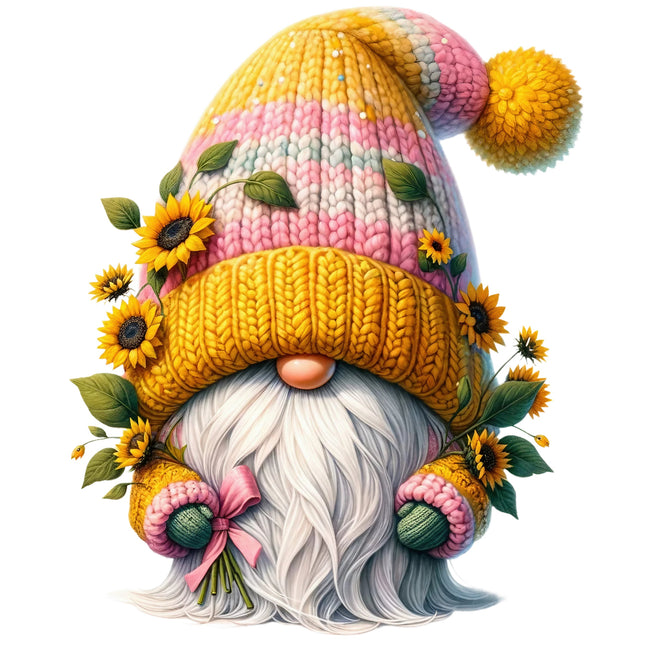A digitally printed 100% cotton fabric panel featuring a gnome with a striped yellow and pink hat, decorated with sunflowers and green leaves.