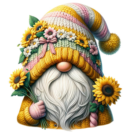 A colorful fabric panel featuring a floral gnome with sunflowers, floral patterns, and a striped hat.