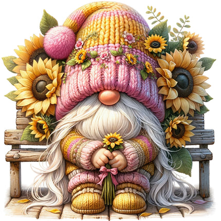 A digital image of a gnome sitting on a bench surrounded by sunflowers, with a pink hat and a white beard.