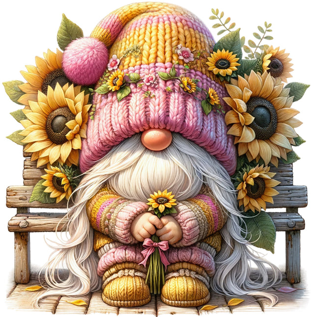 A digital image of a gnome sitting on a bench surrounded by sunflowers, with a pink hat and a white beard.
