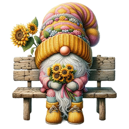 A colorful gnome fabric panel sitting on a bench with a sunflower hat and boots, holding a sunflower bouquet.