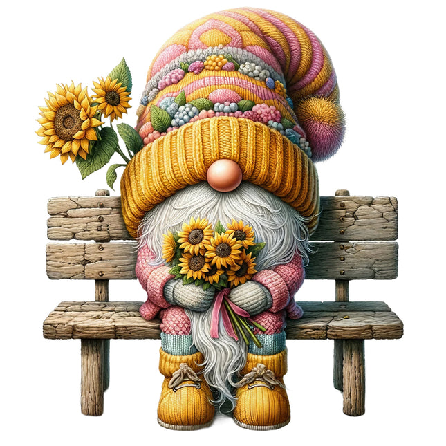 A colorful gnome fabric panel sitting on a bench with a sunflower hat and boots, holding a sunflower bouquet.