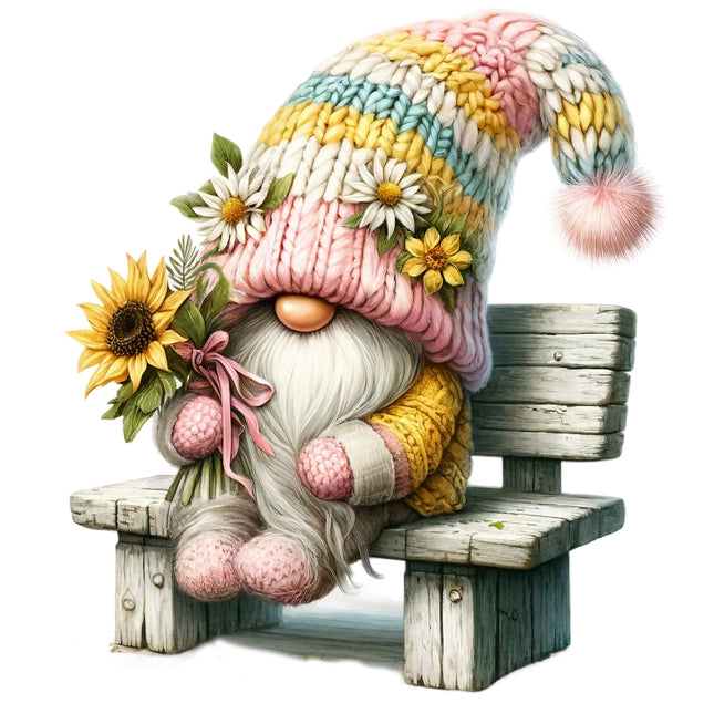 A colorful gnome with a sunflower theme, wearing a knit hat with flowers fabric panel