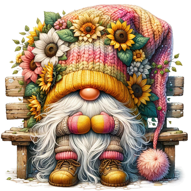A colorful fabric panel featuring a digital print of a gnome with a floral hat and sunflower motifs, seated on a bench.