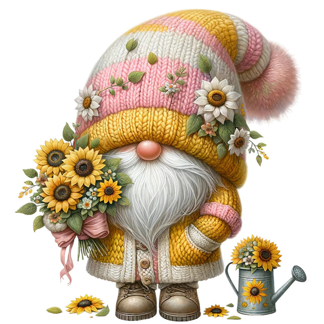 A digital illustration of a gnome holding a bouquet of sunflowers fabric panel