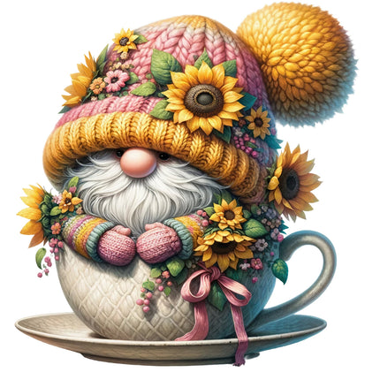 A digitally printed 100% cotton fabric panel featuring a whimsical gnome characterized by a gnome hat, facial hair, and a floral design, all in a cup.