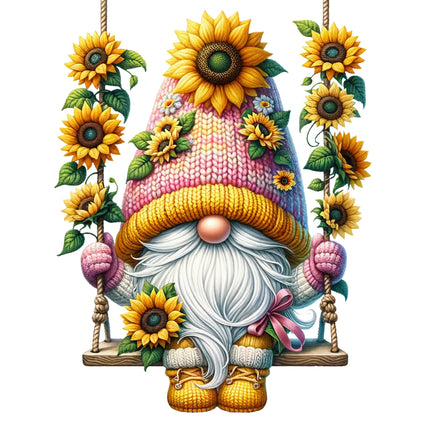 A colorful fabric panel featuring a digital print of a gnome with a sunflower hat, sitting on a swing, surrounded by sunflowers.
