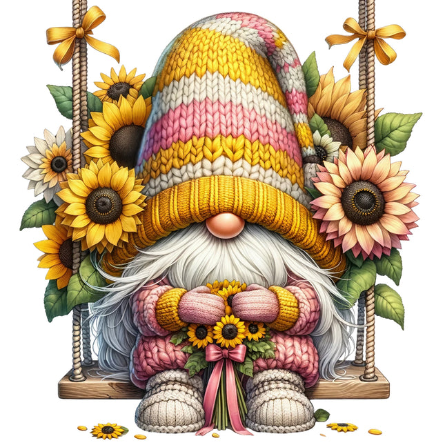 A colorful fabric panel featuring a gnome with a striped hat, sitting on a swing surrounded by sunflowers and leaves.