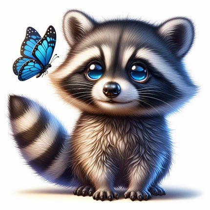 A digitally printed fabric panel featuring a cute raccoon sitting beside a blue butterfly.