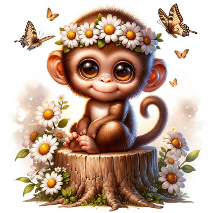 A digitally printed 100% cotton fabric panel featuring a cute monkey with a crown of daisies, sitting on a stump surrounded by butterflies and more daisies.