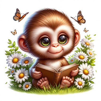 A digitally printed fabric panel featuring a cute monkey sitting on grass, reading a book, surrounded by white flowers and butterflies.