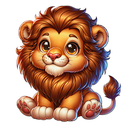 A digitally printed 100% cotton fabric block featuring a cute cartoon lion design.