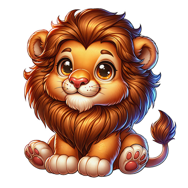 A digitally printed 100% cotton fabric block featuring a cute cartoon lion design.