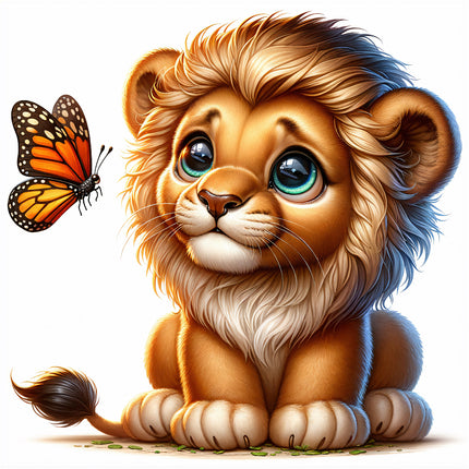 A digitally printed fabric panel featuring a cute lion cub with a butterfly next to it.