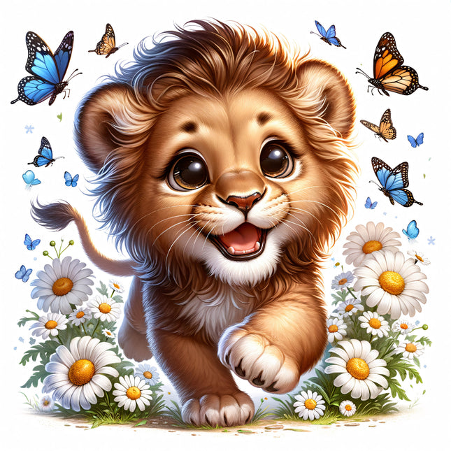 A digitally printed 100% cotton fabric panel featuring a cute lion cub with butterflies and flowers.