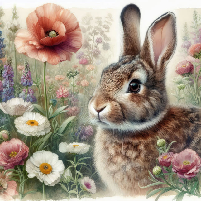 A digitally printed 100% cotton fabric panel featuring a block with a close-up image of a brown rabbit surrounded by multicolored flowers such as pink, white, and red.