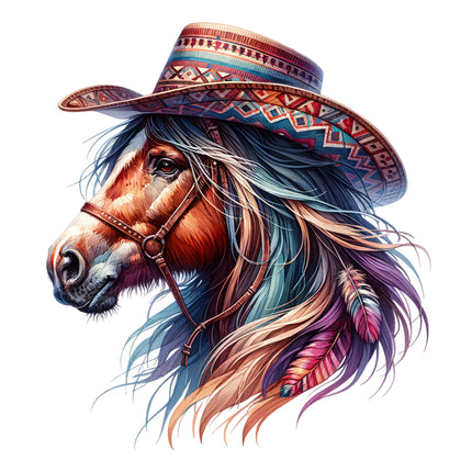 A digitally printed 100% cotton fabric panel featuring a horse with a colorful mane and a western-style hat.