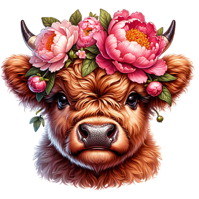 A fabric panel featuring a digitally printed floral design with a cow's face in the center, with options of various sizes.