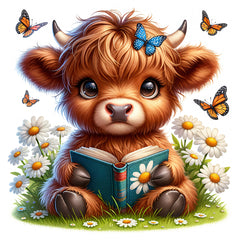 A digital illustration of a Highland cow with a book, surrounded by butterflies and seated on grass with daisies.