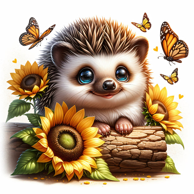 A digitally printed 100% cotton fabric panel featuring a cute hedgehog with sunflowers and butterflies.