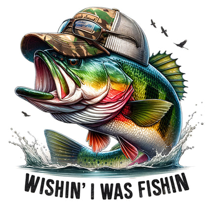 A colorful illustration of a fish with an open mouth, wearing a camouflage cap, with the text 'WISHIN' I WAS FISHIN''.