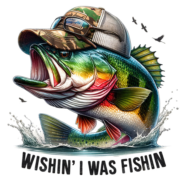 A colorful illustration of a fish with an open mouth, wearing a camouflage cap, with the text 'WISHIN' I WAS FISHIN''.