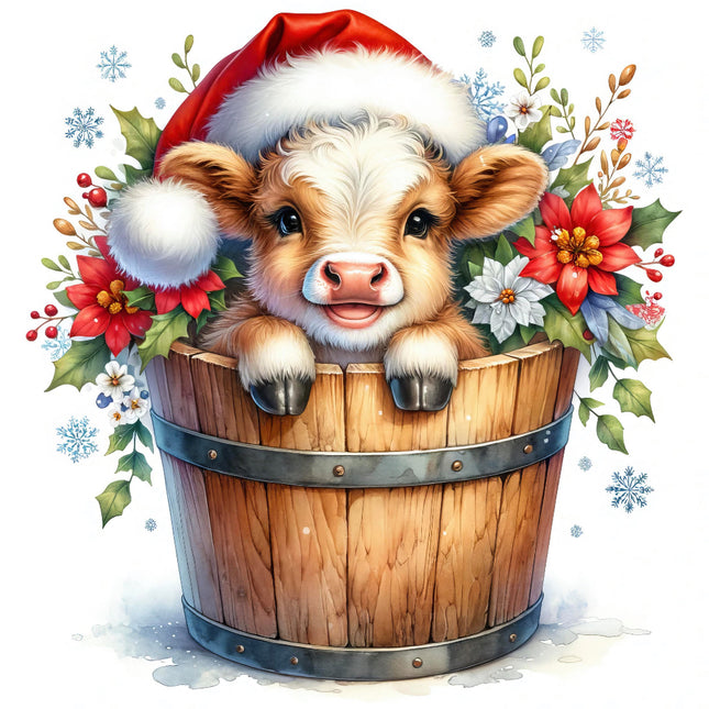 A digitally printed 100% cotton fabric panel featuring a cute cow wearing a Santa hat, sitting in a wooden barrel with floral decorations and snowflakes in the background, indicating a Christmas theme.