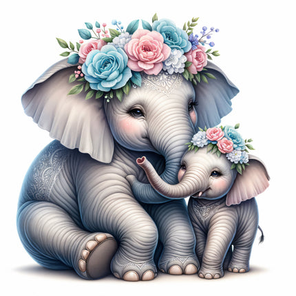 A digitally printed fabric panel featuring an adult elephant and a baby elephant with floral crowns.