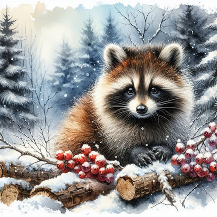 A digitally printed 100% cotton fabric panel featuring a raccoon sitting on a log surrounded by snow, pine trees, and red berries.