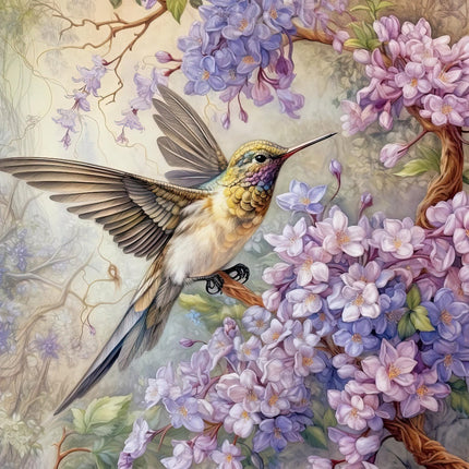 A fabric panel featuring an illustration of a hummingbird with its wings extended, hovering near purple flowers with a beige background.