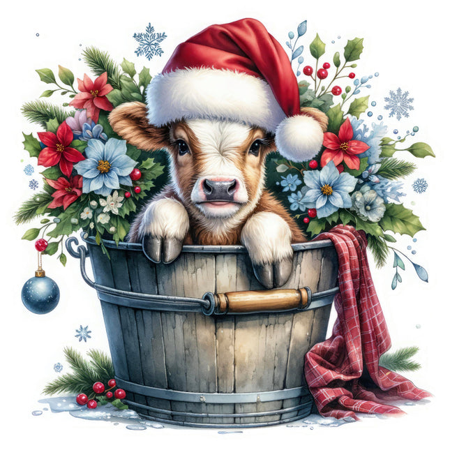 A fabric panel featuring a cute cow wearing a Santa hat, sitting in a bucket surrounded by floral arrangement and Christmas decorations.