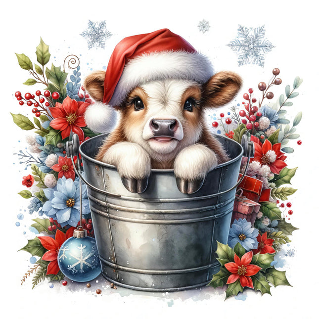 A fabric panel featuring a digitally printed design with a cute cow wearing a Santa hat, seated in a bucket, surrounded by floral arrangements
