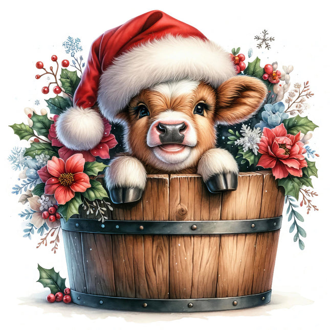 A digitally printed 100% cotton fabric panel featuring a cute cow wearing a Santa hat, sitting in a bucket with floral decorations and Christmas-themed embellishments.
