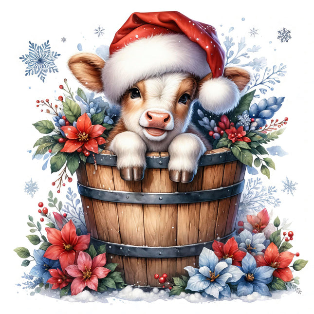A fabric panel featuring a digitally printed image of a cow wearing a Santa hat, sitting in a bucket, surrounded by floral designs and snowflakes.