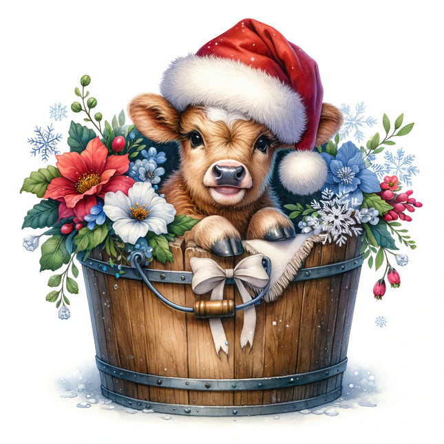 A fabric panel block depicting a cute cow wearing a Santa hat inside a wooden bucket, surrounded by a floral arrangement of red, blue, and white flowers, and adorned with a bow.