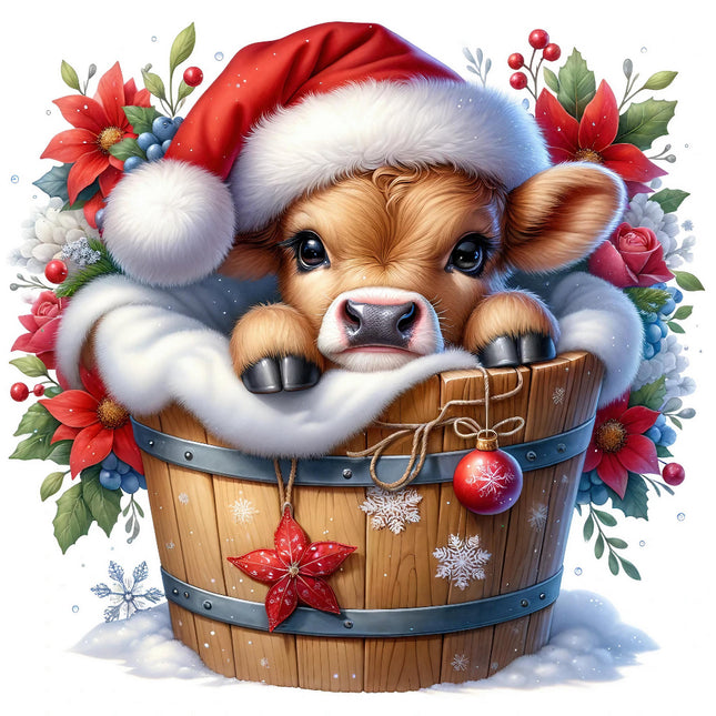 A digitally printed 100% cotton fabric panel featuring a cute cow wearing a Santa hat inside a bucket, surrounded by floral decorations and Christmas motifs.